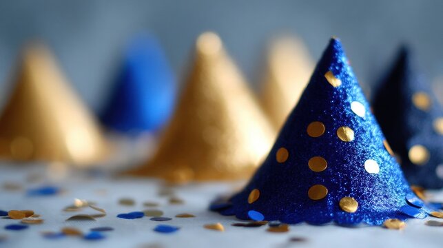 Close-up of colorful party hats with gold polka dots arranged on a table for celebration. - Powered by Adobe