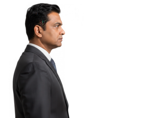 A serious indian businessman in a suit is looking forward in a profile view isolated on transparent background