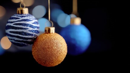 Three colorful Christmas ornaments hanging on a string against a solid black background, studio lighting.
