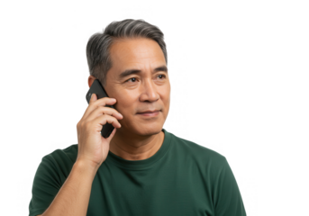Middle aged asian man is talking on his smartphone with a thoughtful expression on transparent background