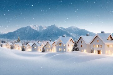 Snow-covered small town with buildings and trees under a clear sky, mountain backdrop in daylight.