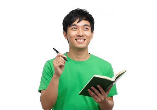 A happy asian man in a green tshirt is holding a notebook and pen while smiling isolated on transparent background
