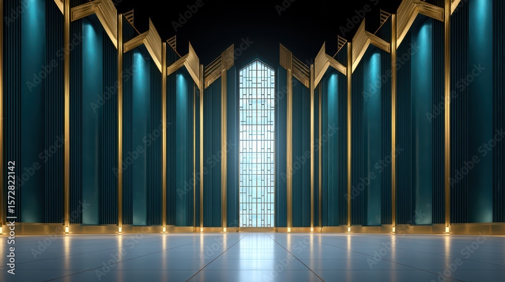 Poster elegant and modern empty hall with decorative columns and glowing windows in a luxurious setting