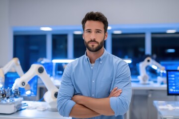 Confident Young Professional in Modern Laboratory with Robotics and Advanced Technology in Background