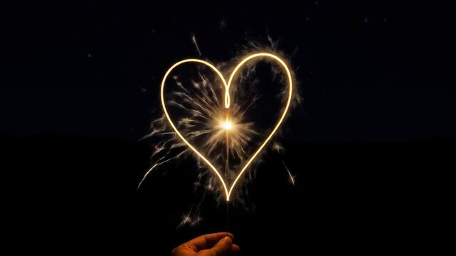 Romantic dark heart shape created by light painting with sparkler for love concept.