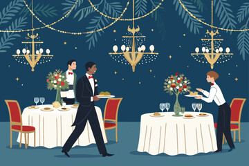 Vector illustration of an elegant, upscale restaurant interior with fancy dining tables and a chandelier.