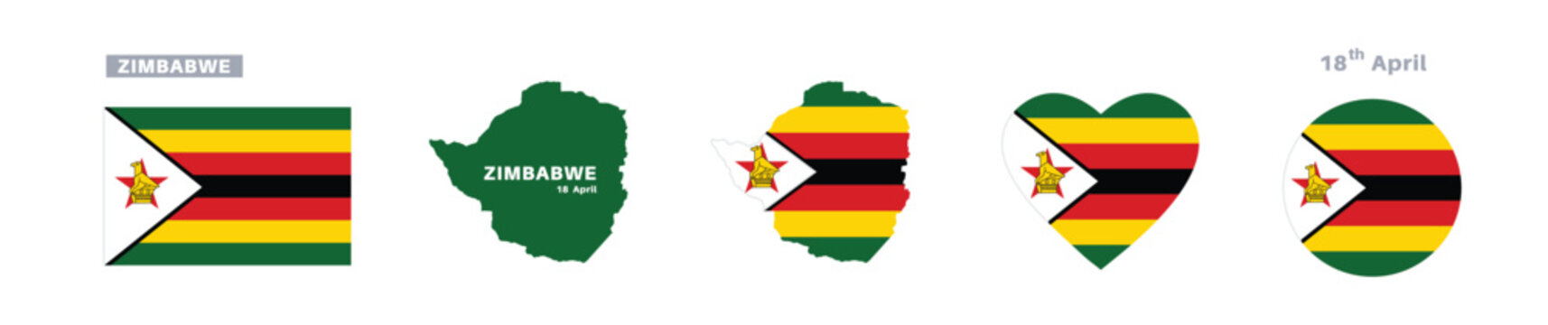 zimbabwe flag and map set. zimbabwe flag in official colors and proportions. independence day 18 april , map, circle and heart shaped zimbabwe 