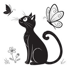Cute cat vector illustration line art drawing black and white