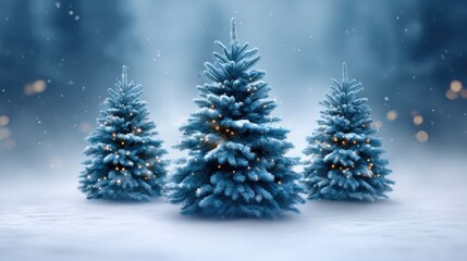 Three blue Christmas trees decorated with lights in a snowy outdoor winter landscape at dusk.