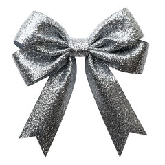 Sparkling silver glitter bow decoration with ribbon tails isolated on transparent background