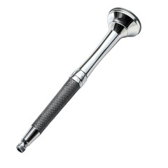 Polished metal shower head with textured grip and chrome fixture isolated on transparent background