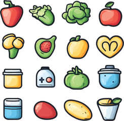 Vibrant Food Icons: A delightful collection of brightly illustrated icons representing a variety of food items, perfect for culinary projects, food blogs, or educational materials.