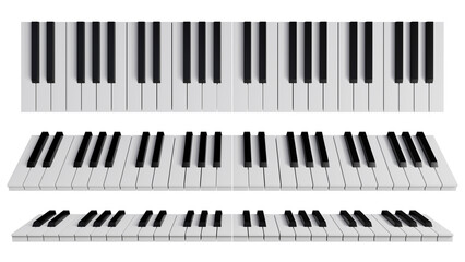 Set of realistic musical instrument row of black and white keys isolated on white background. 3d render
