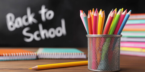 Pencils in a pot, books on a  school desk, and the text back to school written on a chalkboard.