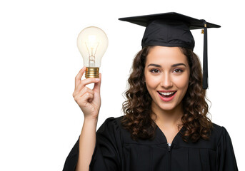 A smiling graduate holds a lightbulb, symbolizing bright ideas and academic achievement isolated on transparent background