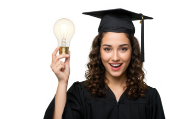 A smiling graduate holds a lightbulb, symbolizing bright ideas and academic achievement isolated on transparent background