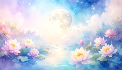 Fototapeta premium 月光と蓮の幻想的な夜の調べ：満月が照らす穏やかな水面に、淡いピンクや白い蓮の花が静かに浮かび、周囲は柔らかな光と影に包まれる幻想的な光景、背景にはパステルカラーの雲が広がり、星々が輝く夜空が美しい、水面に映る月と蓮の花のコントラストが神秘的で、心安らぐ静かな夜の風景、夢のような空間。