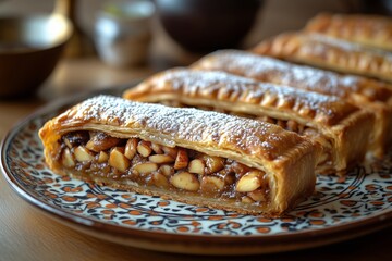 Moroccan b’stilla, a golden crispy pie filled with spiced pigeon meat, almonds, and sugar, sprinkled with powdered sugar and cinnamon, served on a patterned ceramic plate, soft warm light