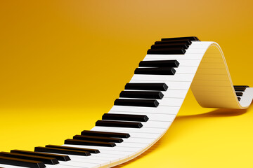 Curved wavy grand piano keyboard on yellow background. Abstract design for music banners. 3D render 