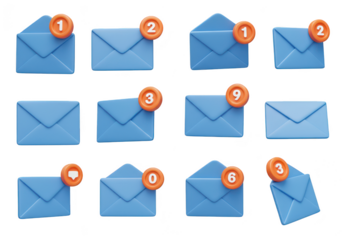 A collection of email notifications with varying counts represents digital communication and alerts isolated on transparent background