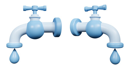 Blue water tap with dripping running water icon, 3d render
