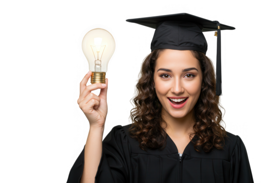 A smiling graduate holds a lightbulb, symbolizing bright ideas and academic achievement isolated on transparent background