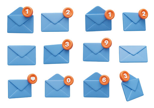 A collection of email notifications with varying counts represents digital communication and alerts isolated on transparent background