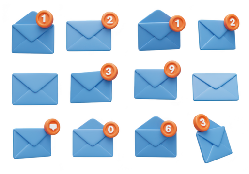 A collection of email notifications with varying counts represents digital communication and alerts isolated on transparent background - Powered by Adobe