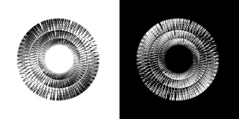 Dynamic abstract spiral sound wave rhythm lines. Circular spiral sound wave rhythm of lines. Circular futuristic abstract lines, black and white background.