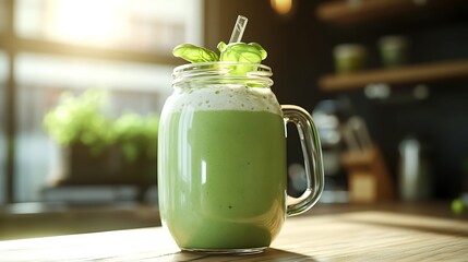 A creamy avocado and spinach smoothie, in a health-focused kitchen setting with room for text 