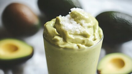 A creamy avocado and spinach smoothie, in a health-focused kitchen setting with room for text 
