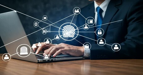 Cybersecurity and biometric authentication concept, Businessman using laptop computer and digital - Powered by Adobe