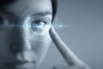 A woman wearing a virtual reality headset and looking through a futuristic digital eye interface, scanning a human face for biometric identification.