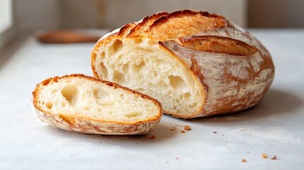 Freshly baked artisan bread cooling on a countertop with a sliced piece showcasing its soft interior