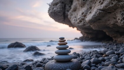 Zen stone stack balanced on a pebble beach at sunset with gentle waves