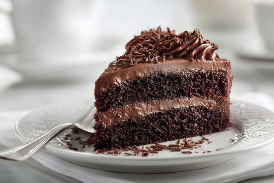 Decadent slice of chocolate cake with rich frosting and chocolate shavings on plate.