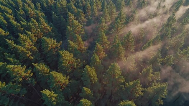 Witness the tranquility of a vast forest filled with tall trees surrounded by morning mist. Nature thrives in this peaceful environment under soft lighting