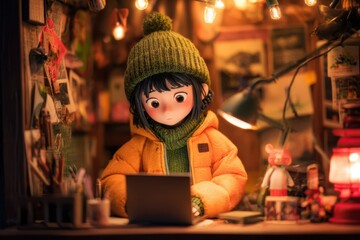 Obraz premium A cute doll sitting at a desk, using a laptop for work or play. The animated character is detailed and colorful, adding a fun touch to any project.