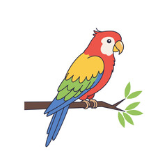 Cartoon parrot brightly colored perches on a brown branch with green leaves
