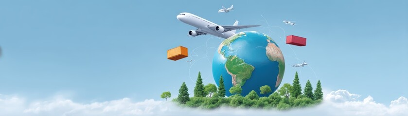 Naklejka premium Air Travel and Global Trade Concept with Airplane, Earth, Cargo Containers, and Green Forest Landscape