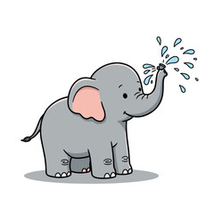 Cartoon elephant with pink ear using trunk to spray water