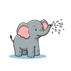 Cartoon elephant sprays water from its trunk on a blue circle