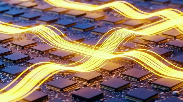 Data Streams Flowing Over Microchip Surface