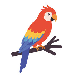 A cartoon parrot perches on a branch featuring red yellow and blue plumage and an orange beak against a white background