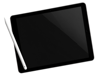 High Quality Flat Design Tablet with Stylus Pen, Top View, Isolated on a Transparent Background