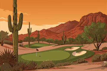 Vector desert golf course scene with red sand. © digital