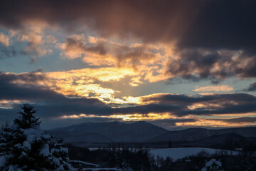 Japanese Winter Hills at Sunset