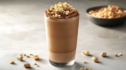 A creamy chocolate peanut butter smoothie, topped with crushed peanuts, in a health-focused setting with space for text