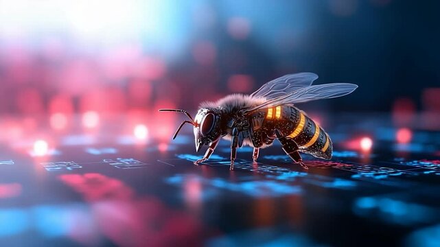 Futuristic digital bee on illuminated circuit board with glowing data