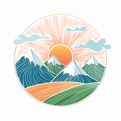 Abstract line art mountains scenery. Hand drawn colorful landscape with hills silhouette and sun. Boho round vector illustration of sunset